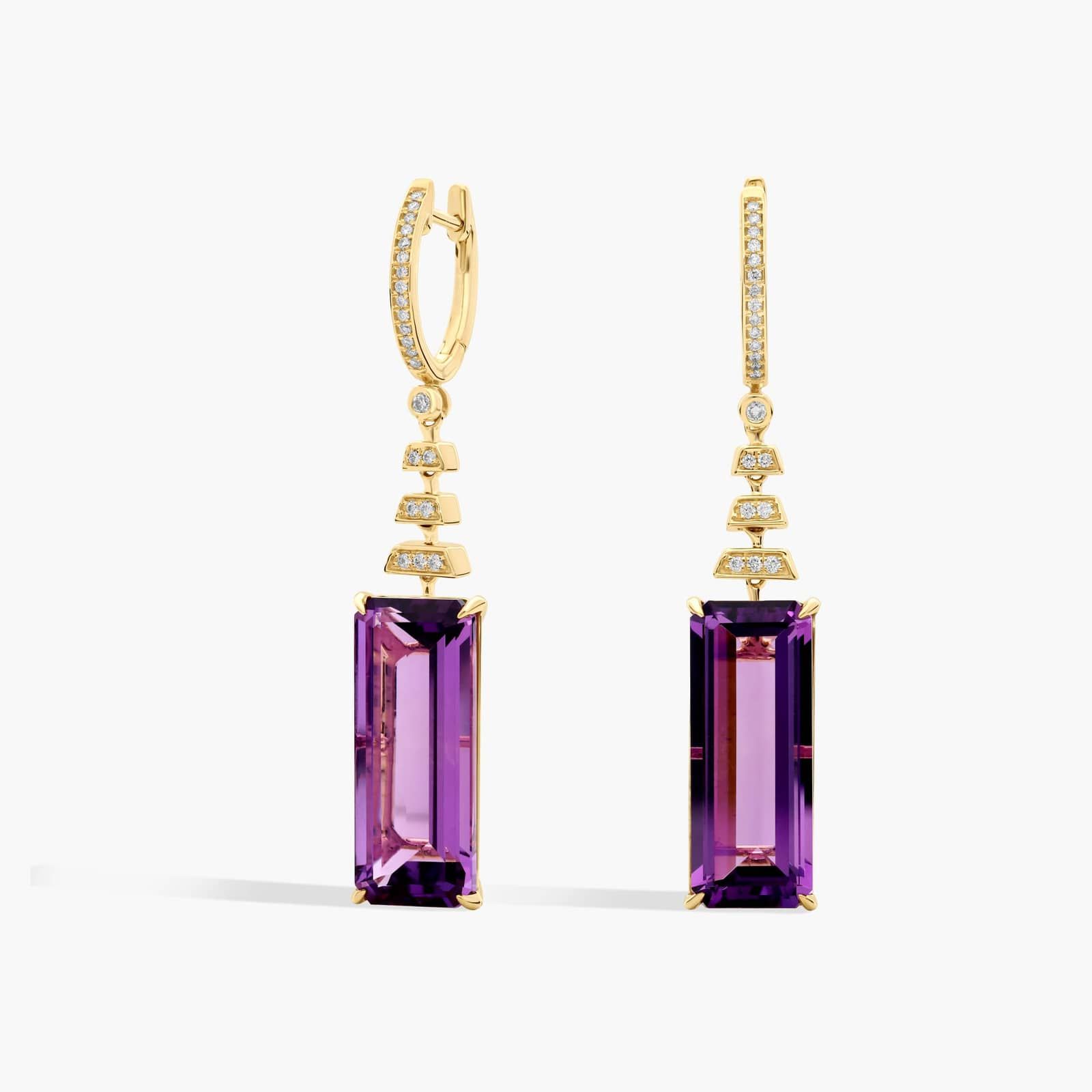 Amethyst jewelry, purple crystal jewelry and other purple jewelry - Emerald Cut Amethyst and Diamond Drop Earrings In 14k Yellow Gold