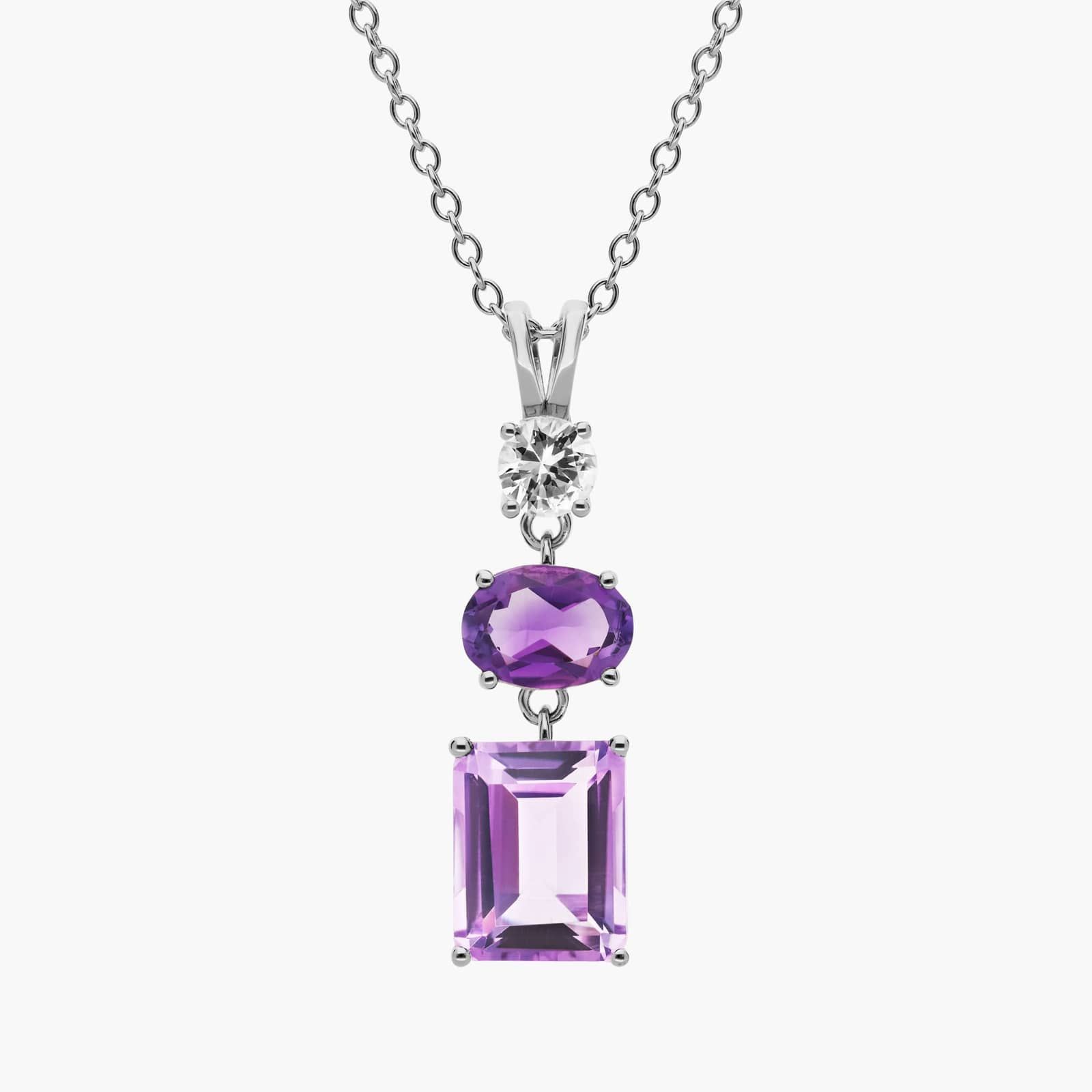Amethyst jewelry, purple crystal jewelry and other purple jewelry - Amethyst, Rose De France Amethyst and White Sapphire Tower Pendant Necklace In Sterling Silver