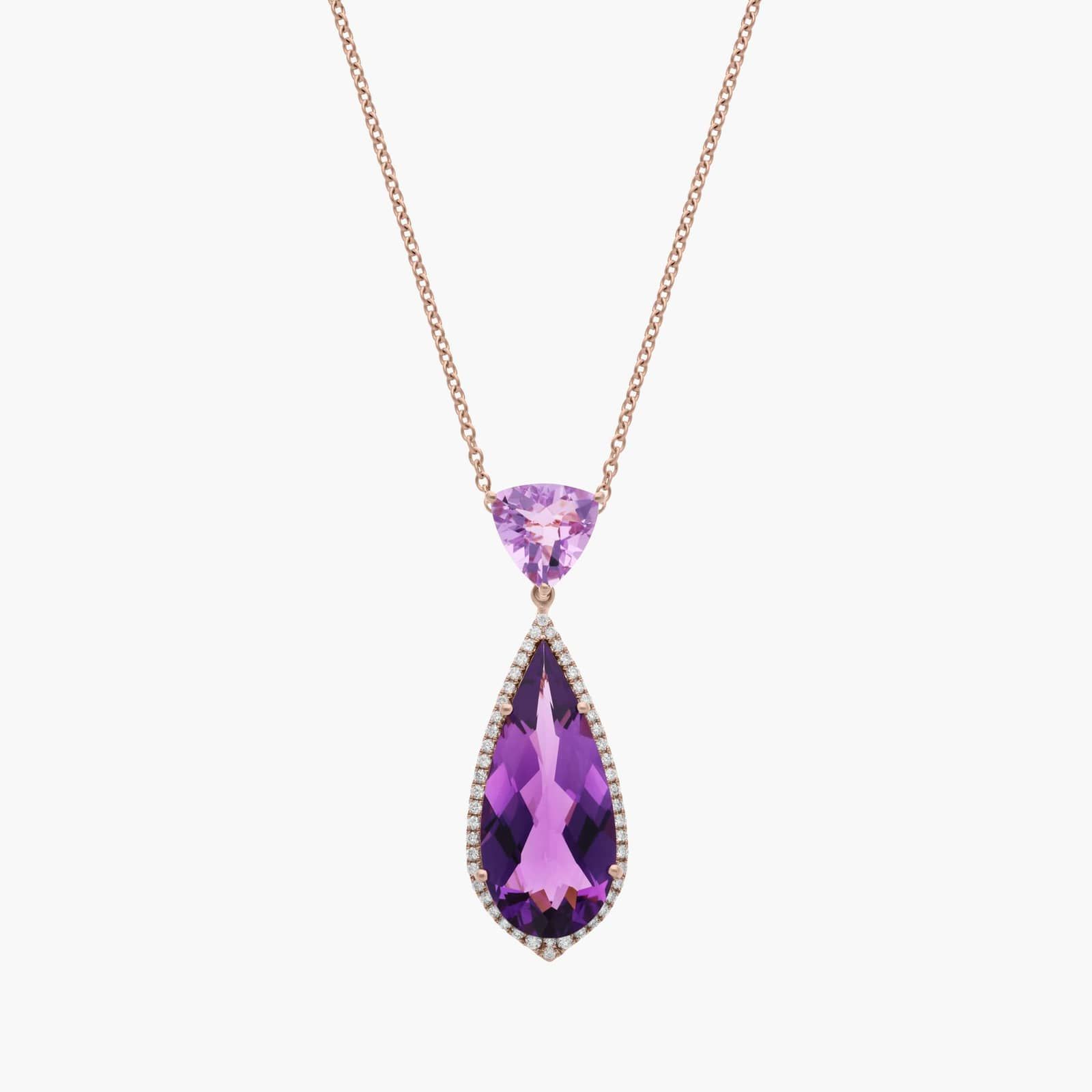 Amethyst jewelry, purple crystal jewelry and other purple jewelry - Mixed Shape Amethyst Pendant Necklace With Diamond Halo In 14k Rose Gold