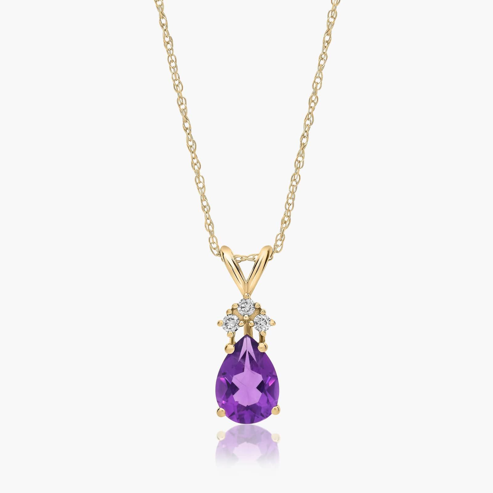 Purple bridal and special occasion jewelry - 14k Yellow Gold Pear Shaped Amethyst and Tri-Diamond Birthstone Pendant Necklace By James Allen