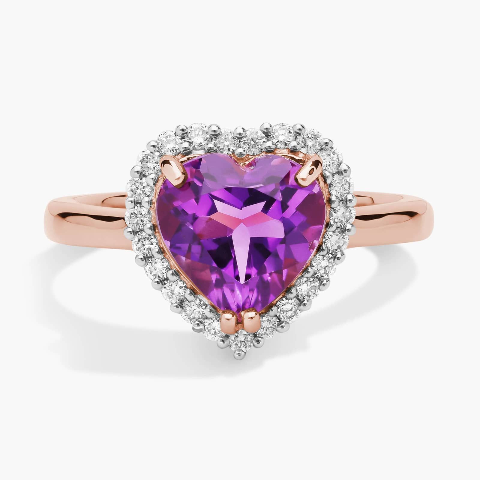 Purple bridal and special occasion jewelry - Heart Shaped Amethyst and Diamond Halo Ring In 14k Rose Gold