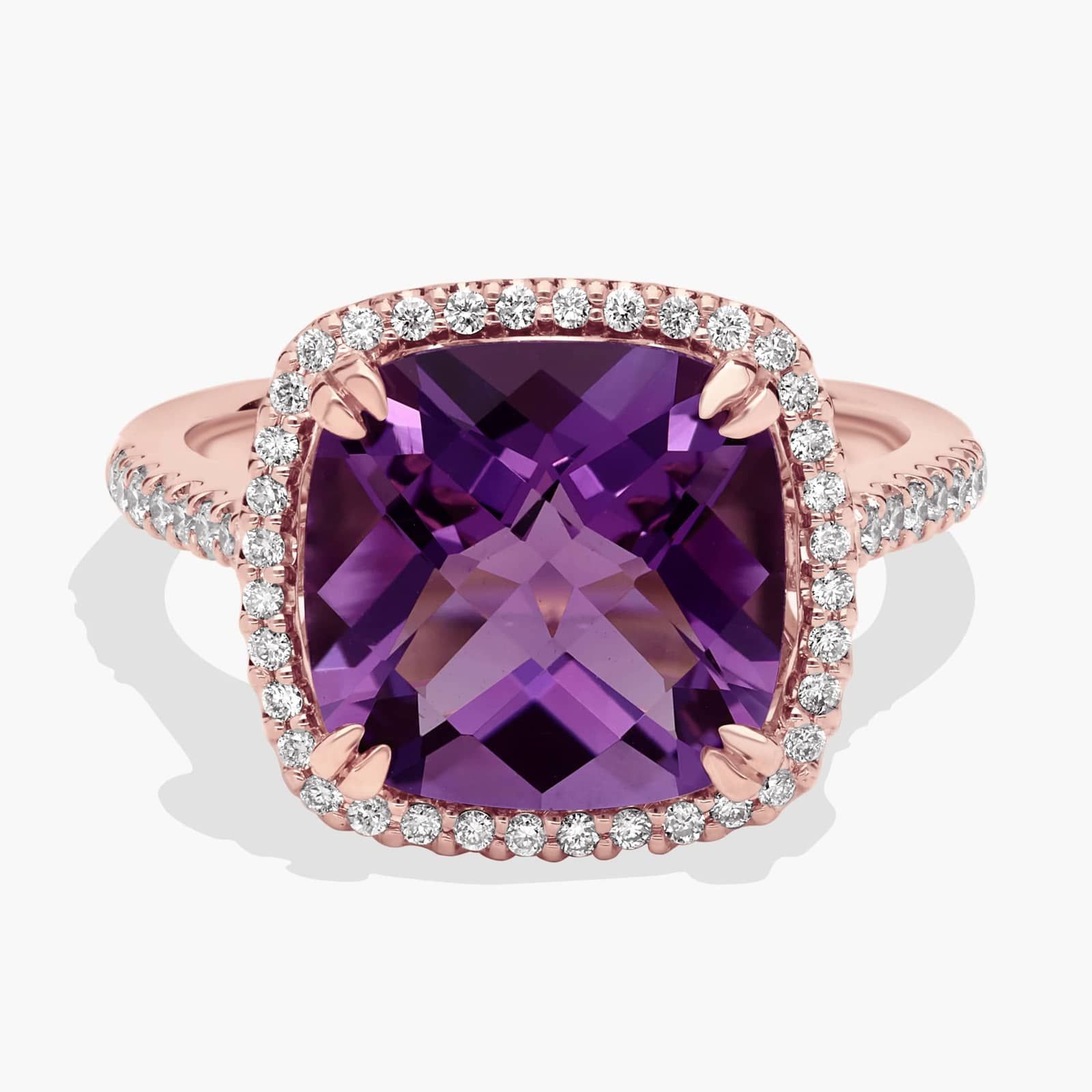Purple bridal and special occasion jewelry - Cushion-Cut Amethyst Diamond Halo Cocktail Ring In 14k Rose Gold