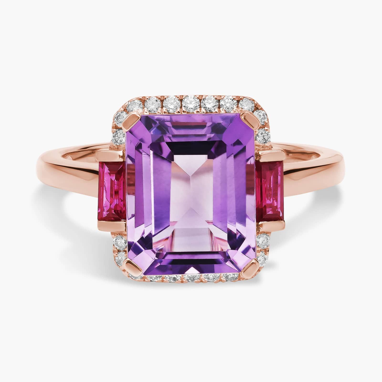 Purple bridal and special occasion jewelry - Rose De France Amethyst and Ruby Octagon Ring In 14k Rose Gold