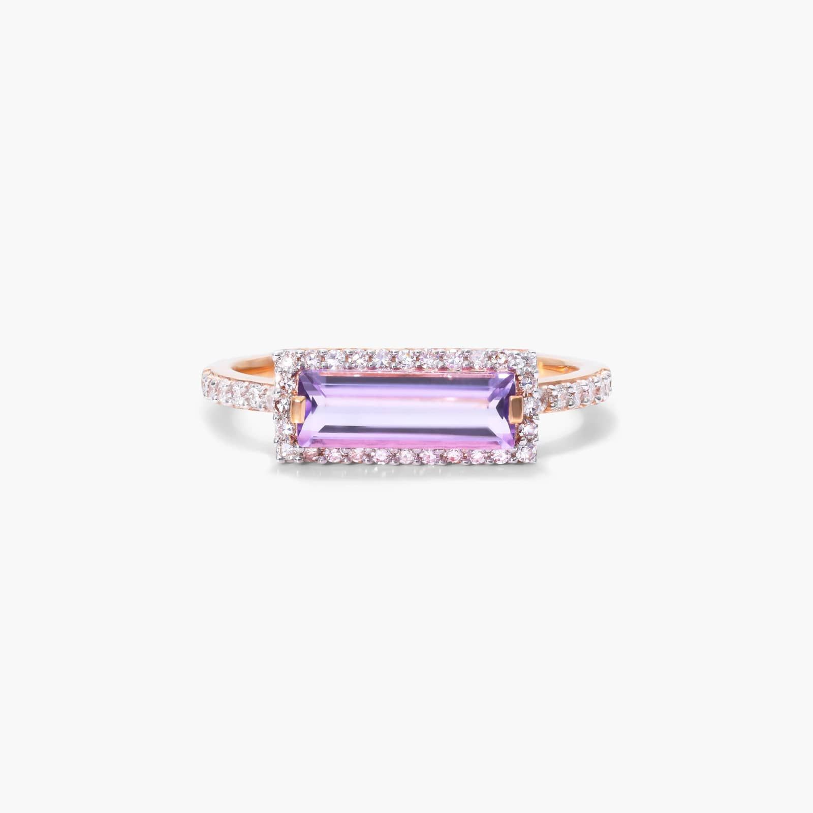 Amethyst jewelry, purple crystal jewelry and other purple jewelry - East-West Emerald Cut Amethyst and Diamond Halo Bar Ring In 14k Rose Gold By James Allen