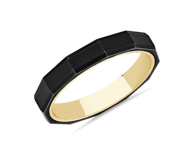 Sleek facets give this handsome band an eye-catching contemporary look that catches the light. The beautiful tungsten and 14k yellow gold promise enduring quality.