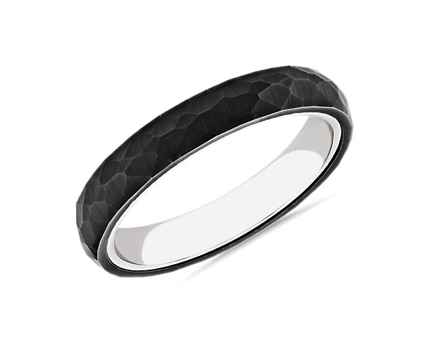 Go for an eye-catching contemporary look with this band crafted from gleaming 14k white gold and black tungsten. The hammered flat finish gives it a uniquely rugged style.