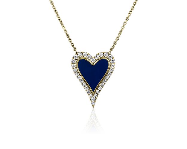 Diamond Heart Pendant With Blue Resin In 14k Yellow Gold