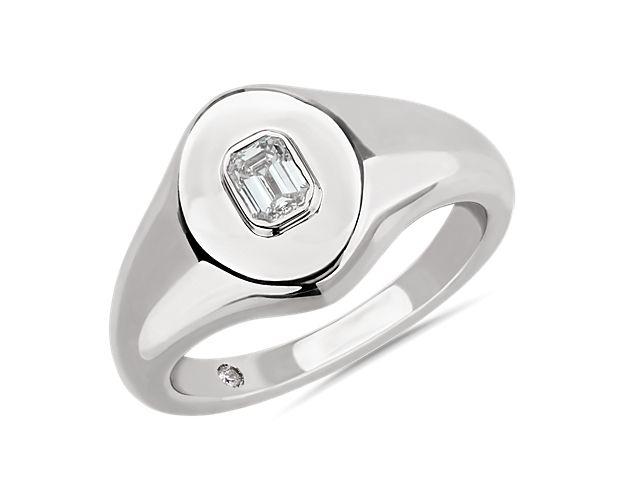Emerald Diamond Signet Ring In 14k White Gold