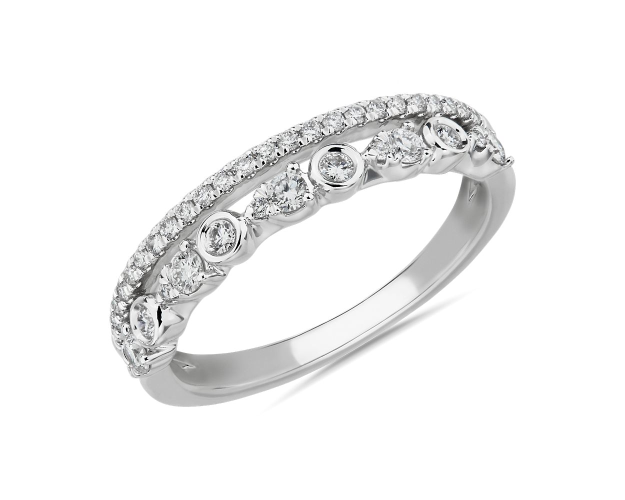 Alternating Bezel & Prong Set Round Diamond Ring with Pavé Accent in ...