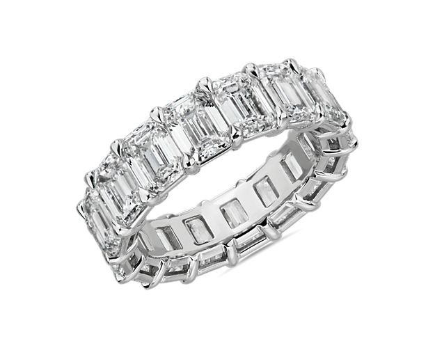 A continuous circle of emerald-cut diamonds gives this 9 1/2 ct. tw. eternity ring a modern sophistication. Works beautifully as a wedding ring or anniversary gift. Add it to a stack of other eternity rings for an on-trend right hand look.