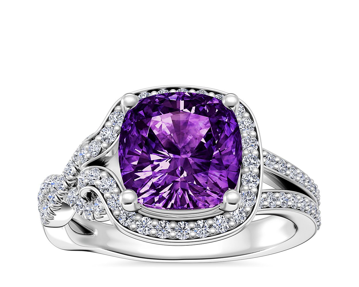 Asymmetrical Diamond Infinity Halo Engagement Ring with Cushion Amethyst in Platinum (8mm)