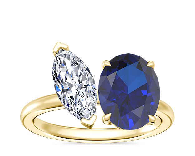 Asymmetrical Marquise And Oval Sapphire Engagement Ring in yellow gold