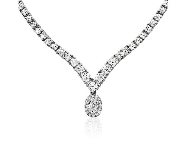 Diamond Chevron Eternity Necklace With Oval Halo Drop In 14k White Gold