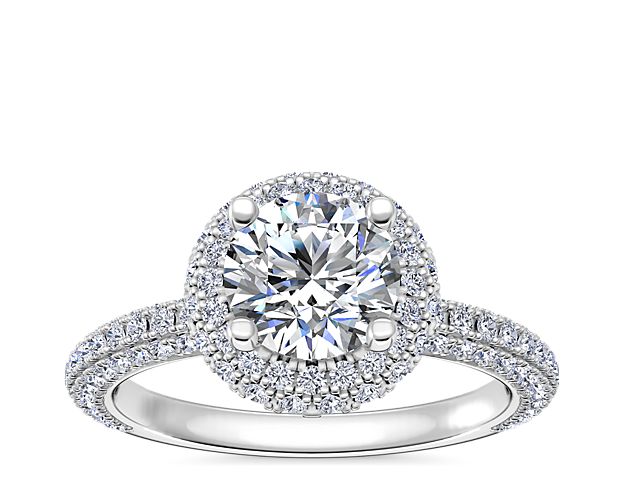 Rollover Halo Diamond Basket and Pavé Shank Engagement Ring in 14k White Gold (7/8 ct. tw.)