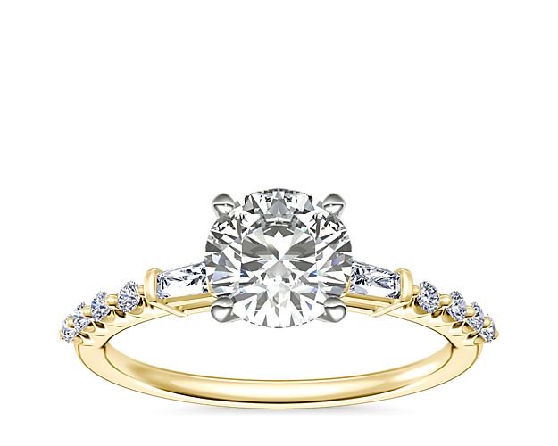 Petite Baguette and Floating Round Diamond Engagement Ring in 18k ...