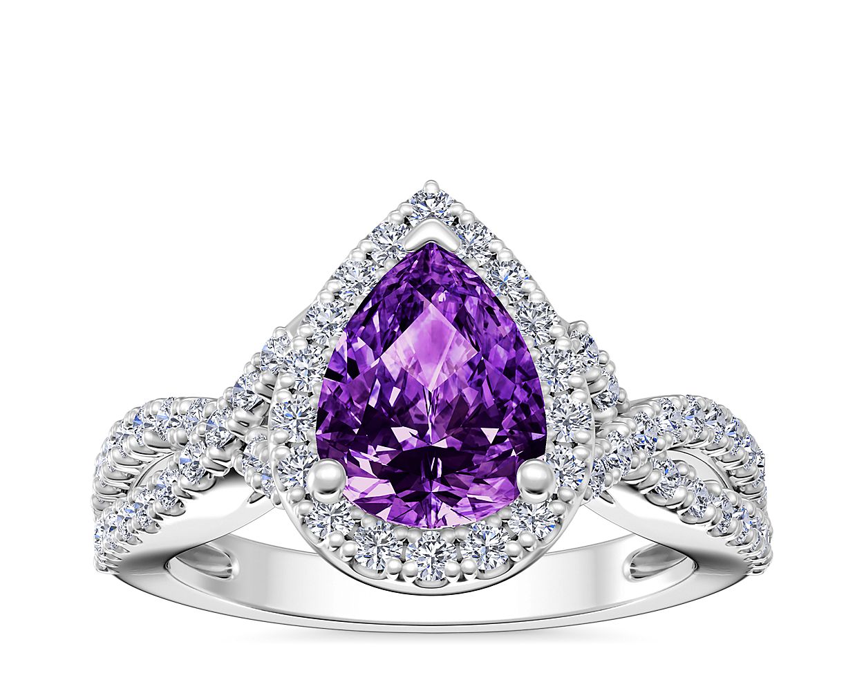 Twist Halo Diamond Engagement Ring with PearShaped Amethyst in 14k White Gold (8x6mm)