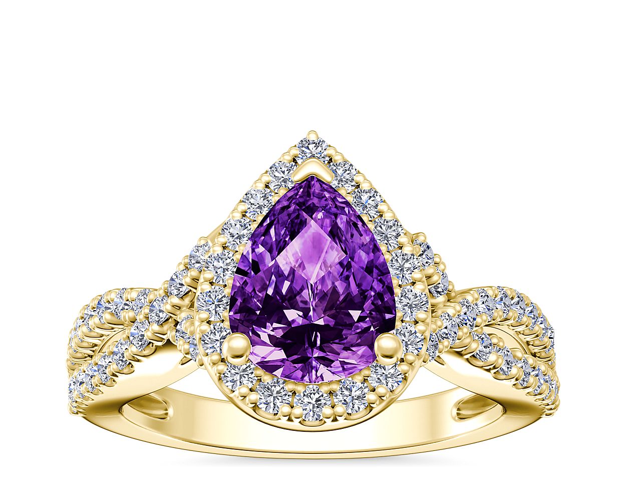Twist Halo Diamond Engagement Ring with PearShaped Amethyst in 14k Yellow Gold (8x6mm)