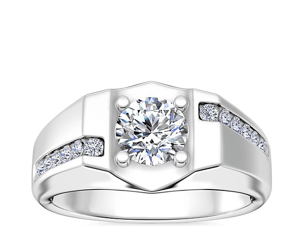 Showcase lasting love with this timeless men's engagement ring featuring luxurious 14k white gold design that supports a round, cushion, prince, emerald-cut or radiant diamond. Bypass channels of accent diamonds bring brilliant sparkle.