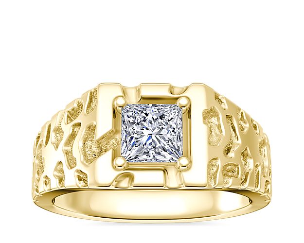 Go for a unique look with this sophisticated engagement ring featuring 14k yellow gold design with a unique 'gold nugget' textured finish. The center stone setting supports a round, princess (prince), radiant, or emerald-cut diamond for a beautiful custom style.