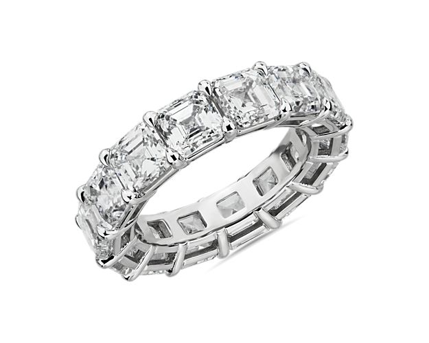 A dazzling circle of 10 ct. tw. Asscher-cut diamonds sets this stunning platinum eternity ring apart and makes it an ideal wedding ring or anniversary gift.