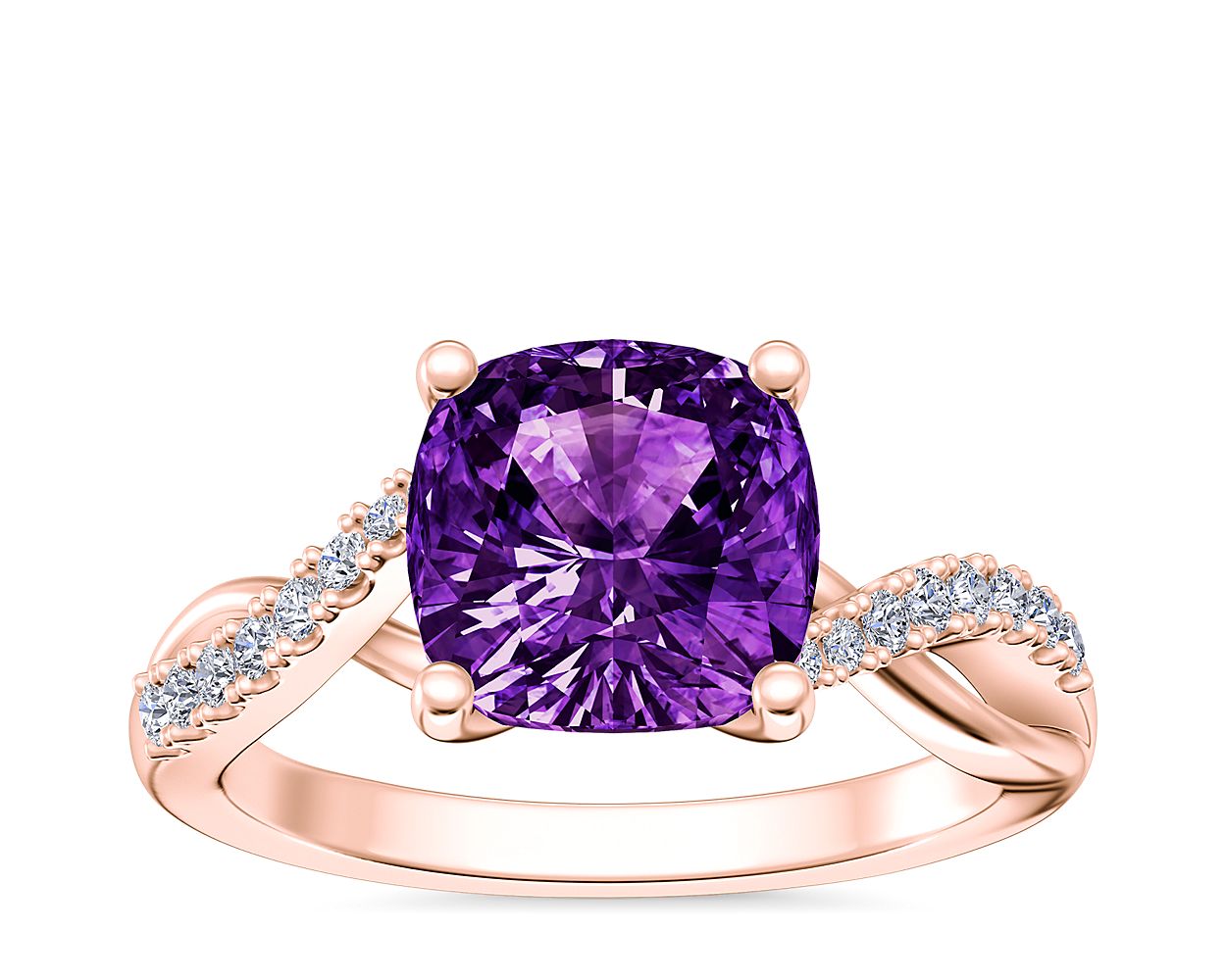 Classic Petite Twist Diamond Engagement Ring with Cushion Amethyst in 14k Rose Gold (8mm)
