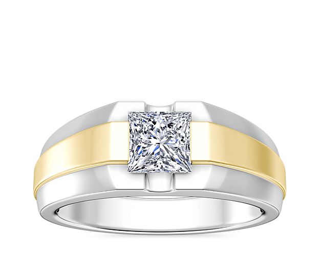 Men's Semi-Bezel Two-Tone Engagement Ring In 18k White And Yellow Gold with Princess Square Diamond