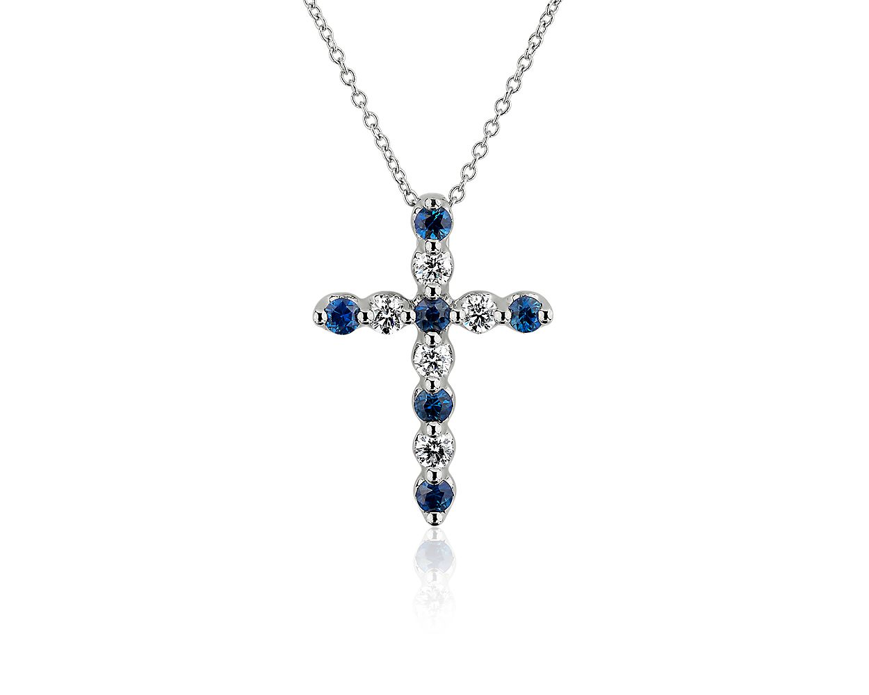 Floating Blue Sapphire and Diamond Cross Pendant in 14k White Gold