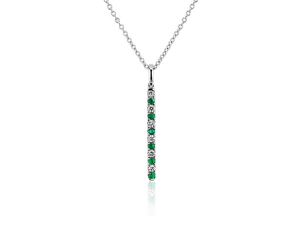 Riviera Pavé Alternating Emerald and Diamond Vertical Bar Pendant in 14k White Gold (1.6mm)