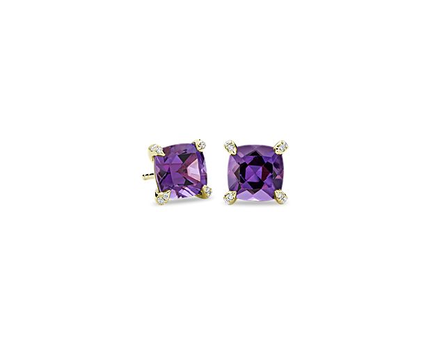 Catch their eye with these classic stud earrings beautifully set with cushion-cut amethyst stones boasting a soothing purple color. The 14k yellow gold design promises enduring quality, and shimmering accent diamonds sparkle from the prongs at the corners.