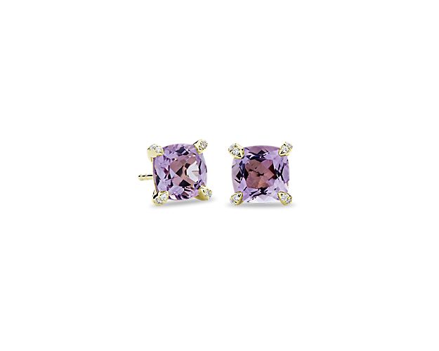 Instantly elevate your style with these classic stud earrings featuring cushion-cut Rose de France boasting a dreamy hue. Shimmering diamonds lend alluring sparkle to the prongs of the gleaming 14k gold setting.