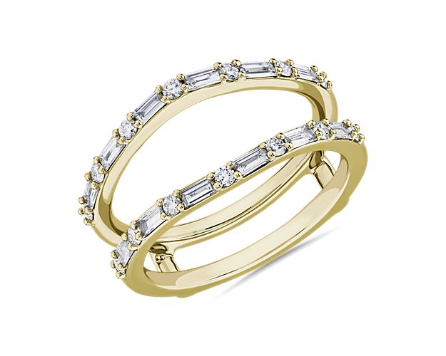 Round- and baguette-cut diamonds sparkle along the arms of this elegant diamond guard. It is artfully crafted from gleaming 14k yellow gold for a lustrous look of luxury.