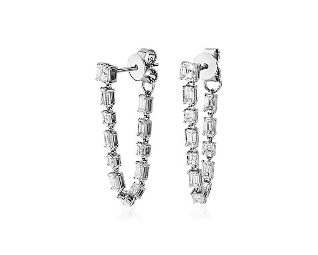 Diamond Emerald And Asscher Loop Drop Earrings In 14k White Gold