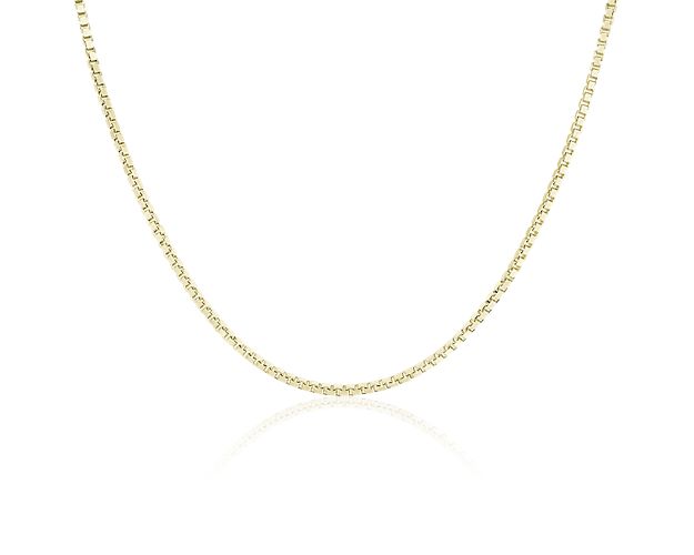 A jewelry staple, this 22" box chain can host pendants or stand alone as a shimmering accessory. This chain is made with 14k yellow gold for timeless shine.