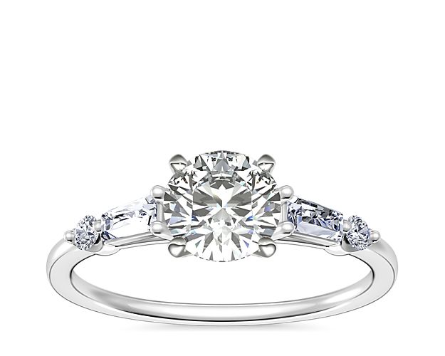 Petite Tapered Baguette and Round Diamond Engagement Ring in Platinum ...
