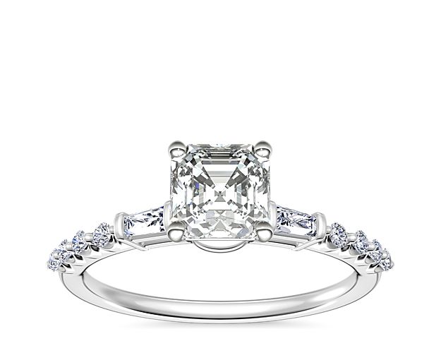 Petite Baguette and Floating Round Diamond Engagement Ring in 14k White Gold (1/5 ct. tw.)