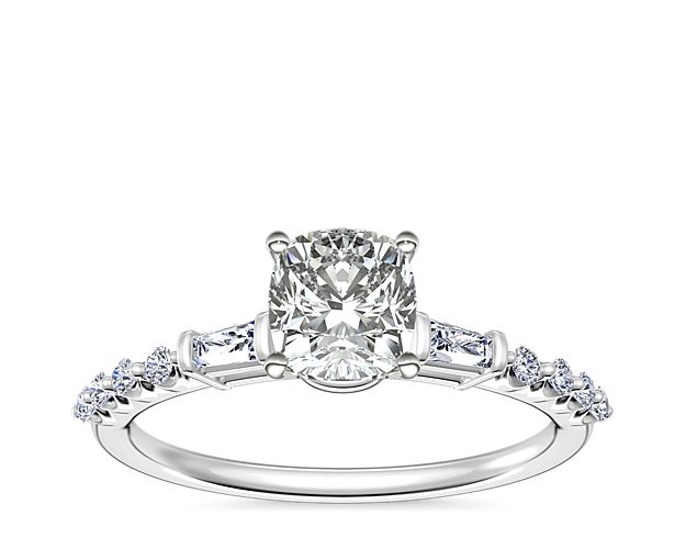 Petite Baguette and Floating Round Diamond Engagement Ring in 14k White Gold (1/5 ct. tw.)