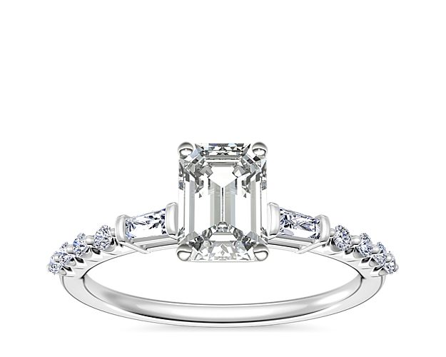 Petite Baguette and Floating Round Diamond Engagement Ring in 14k White Gold (1/5 ct. tw.)