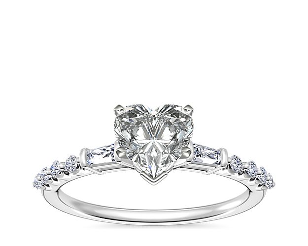 Petite Baguette and Floating Round Diamond Engagement Ring in 14k White Gold (1/5 ct. tw.)