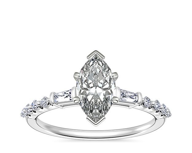Petite Baguette and Floating Round Diamond Engagement Ring in 14k White Gold (1/5 ct. tw.)