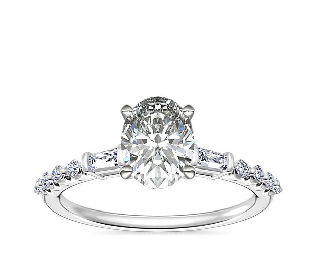 Petite Baguette and Floating Round Diamond Engagement Ring in 14k White Gold (1/5 ct. tw.)