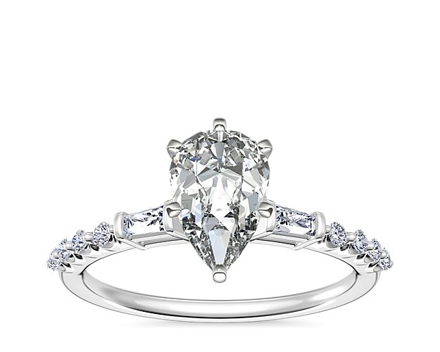 Petite Baguette and Floating Round Diamond Engagement Ring in 14k White Gold (1/5 ct. tw.)