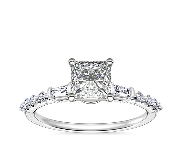 Petite Baguette and Floating Round Diamond Engagement Ring in 14k White Gold (1/5 ct. tw.)