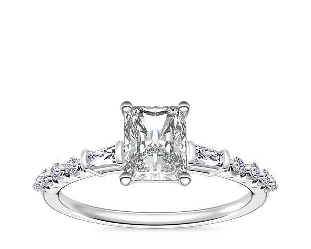 Petite Baguette and Floating Round Diamond Engagement Ring in 14k White Gold (1/5 ct. tw.)