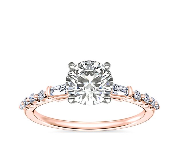 Petite Baguette and Floating Round Diamond Engagement Ring in 14k Rose Gold (1/5 ct. tw.)