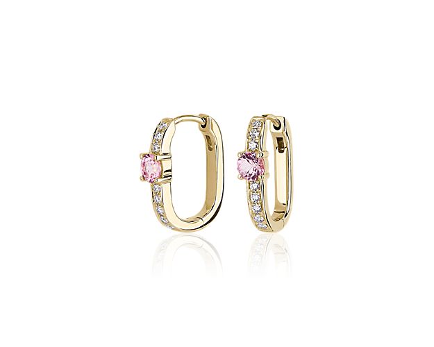 Front Facing Pink Sapphire and Diamond Hoop Earrings in 14k Yellow Gold