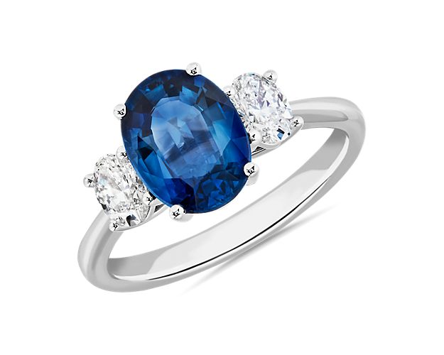 Sapphire and Diamond Three Stone Ring in 14k White Gold (9x7mm)