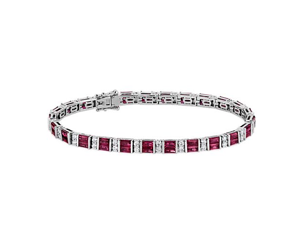 Add gorgeous sparkle to your wrist with this stunning bracelet featuring elegant baguette-cut sapphires alternating with diamonds for a mesmerizing pattern. The 14k white gold design ensures lasting luxury and an eye-catching gleam.