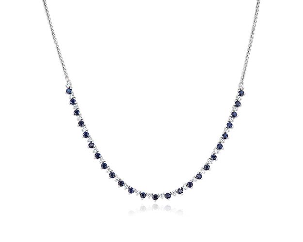 Look lovely as you wear this gorgeous necklace featuring round-cut sapphires and diamonds arranged in alternating sizes to give it a beautiful effect. The 14k white gold design complements the stones with elegant and enduring lustre.