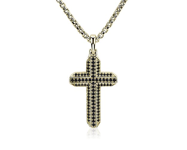 Keep a reminder of your faith close to your heart when you wear this cross-shaped pendant set with black spinel. The 24'' round box chain lets it hang at a comfortable length.