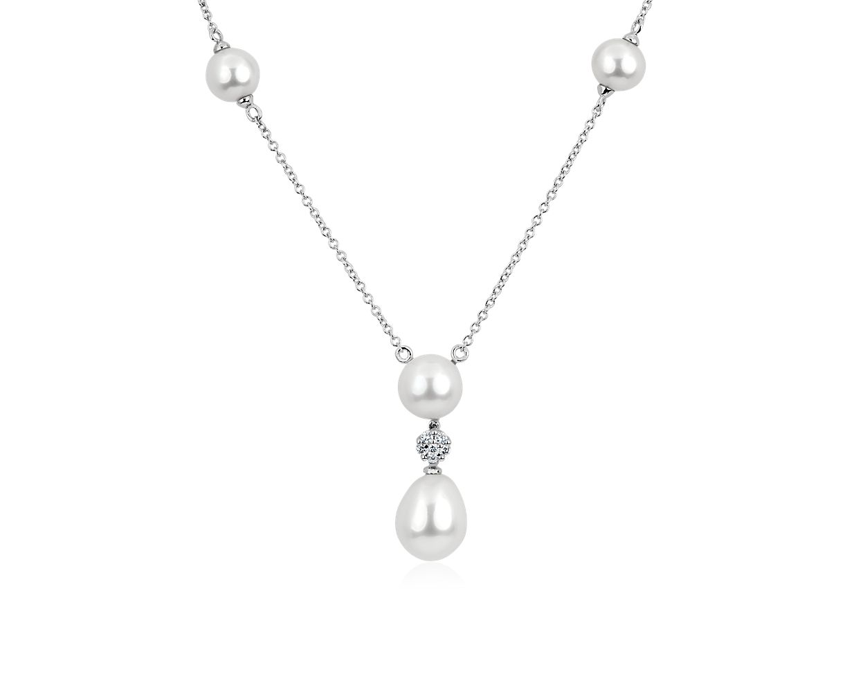 Stationed Freshwater Pearl Necklace with Drop Pendant in 14k White Gold